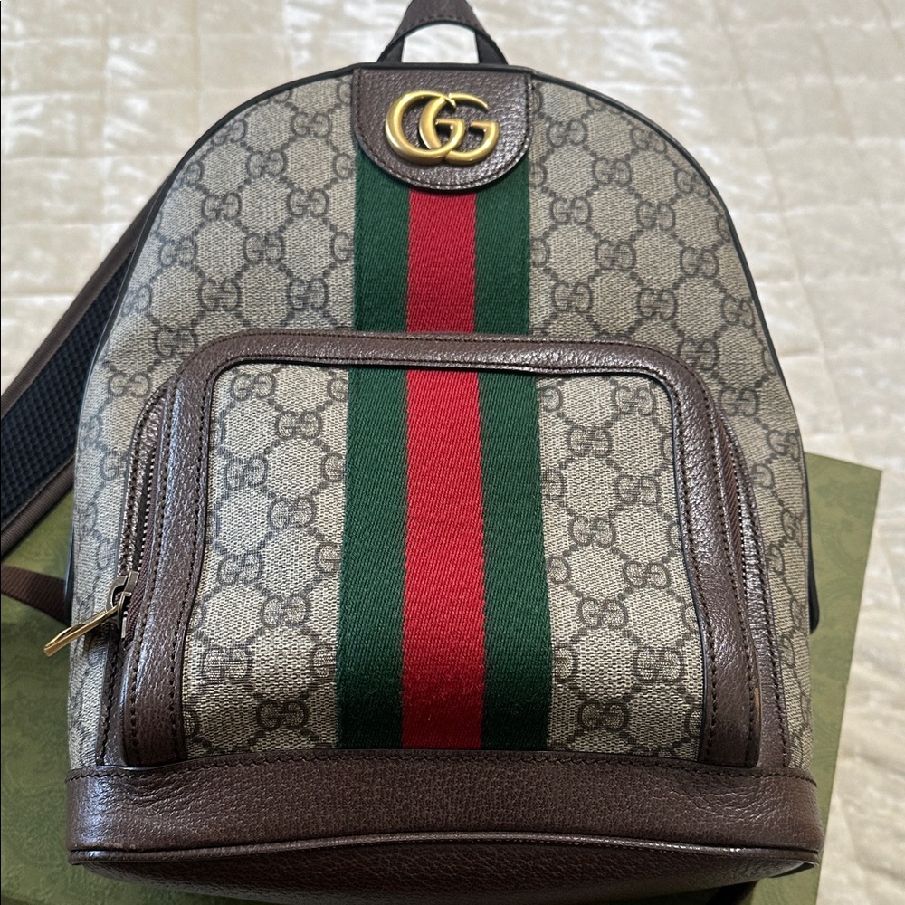 Gucci Beige and Brown Backpack with Green and Red Stripe